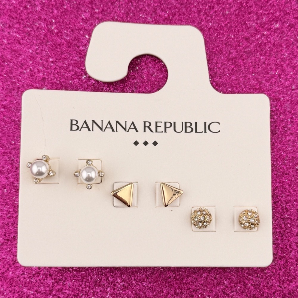 Banana Republic Gold Tone Stud Earring Set 3 Pairs Pearl Triangle Crystal 478970